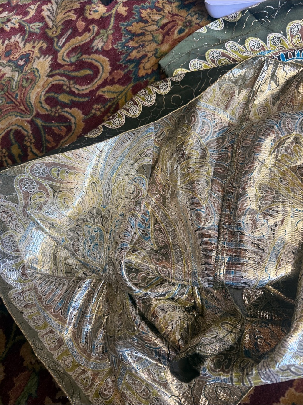 Anna Sui Vtg lamé Olive, chartreuse & Teal Paisley Medallion Dress tunic pockets - Picture 8 of 9